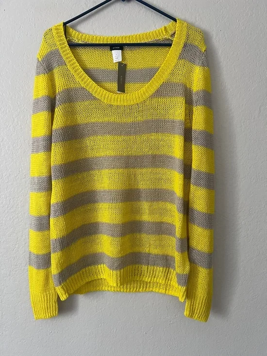 NWT J.Crew 100% Linen Lightweight Yellow and Taupe Striped Sweater in Size L - Picture 2 of 11